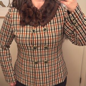Gorgeous Vintage Double-Breasted Plaid Jacket with Genuine Mink Fur Collar